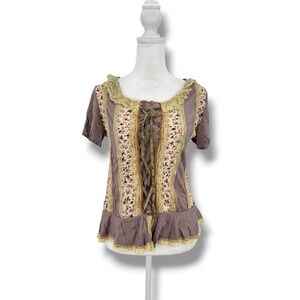 VTG Y2K Young Essence Lace Up Top M/L Black Floral Jersey Peplum Coquette Fairy